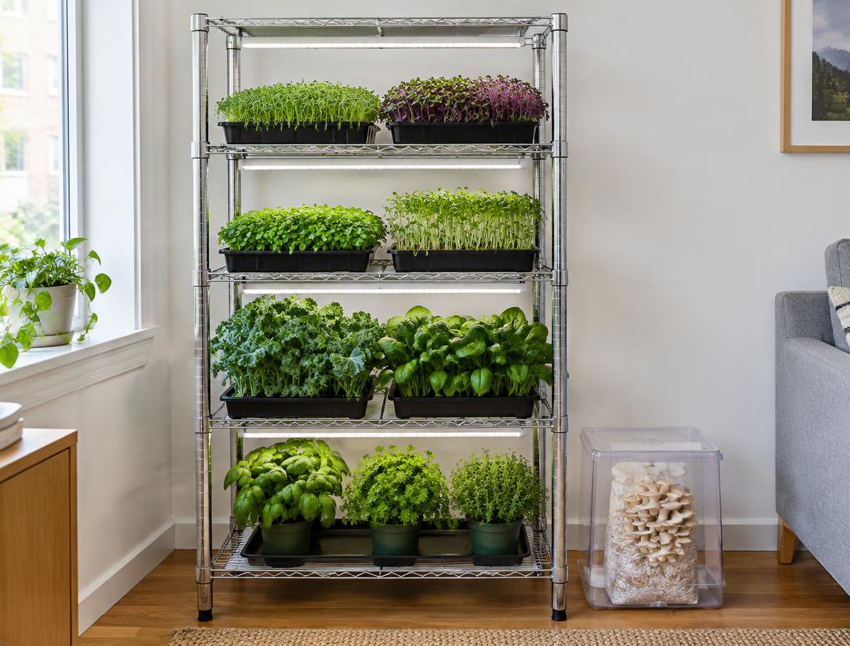 Concept illustration of a four-shelf indoor grow rack with microgreens, leafy greens and herbs